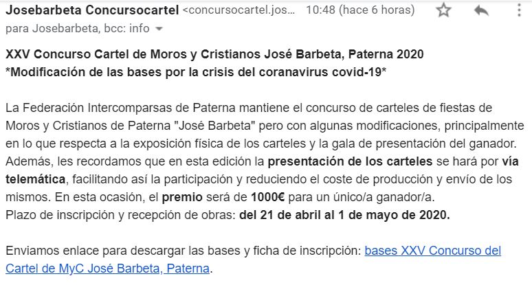 Email de la Federación Intercomparsas de Paterna  = concursocartel.josebarbeta@gmail.com =  