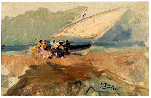 Barca en la playa del Cabañal de Ignacio Pinazo Camarlench (Godella-Valencia 1849-1916) 