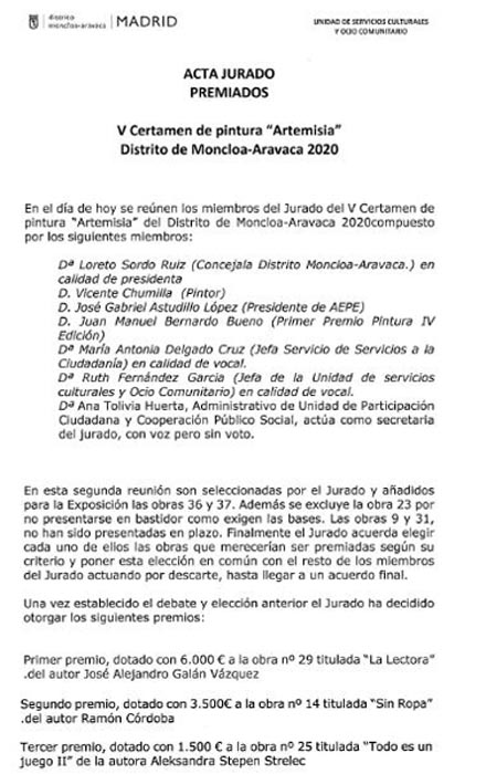 Acta del V Certamen de Pintura Artemisia Distrito de Moncloa-Aravaca 2020