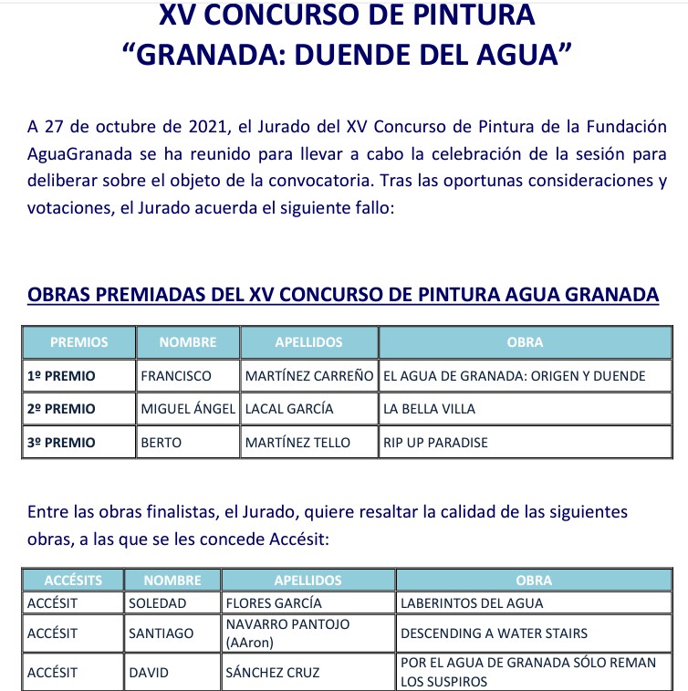 Pulsa para ampliar Acta del XV Concurso de Pintura Fundación AguaGranada 2021
