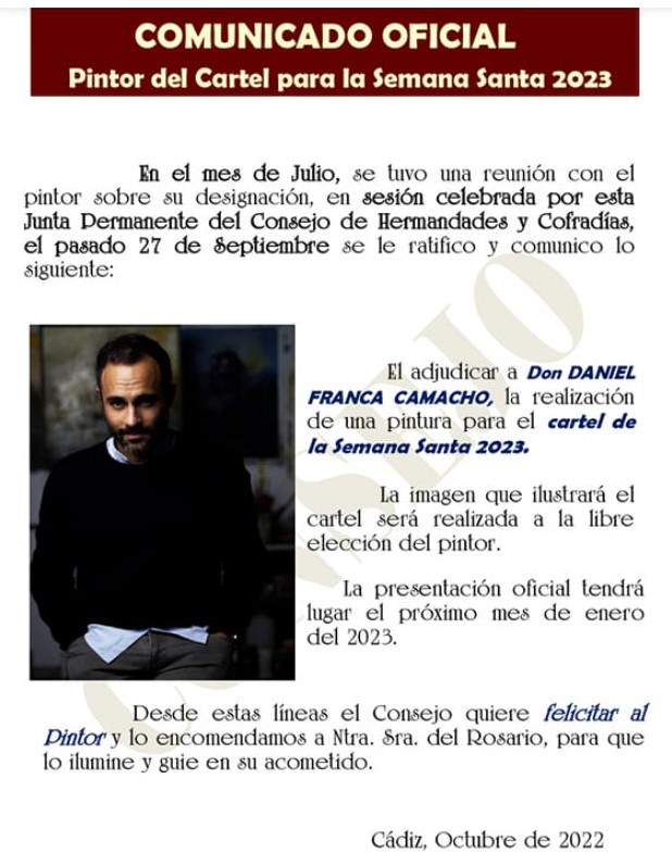 Pulsa para ampliar Nombramiento de Daniel Franca como Pintor del Cartel de la Semana Santa 2023 de Cádiz