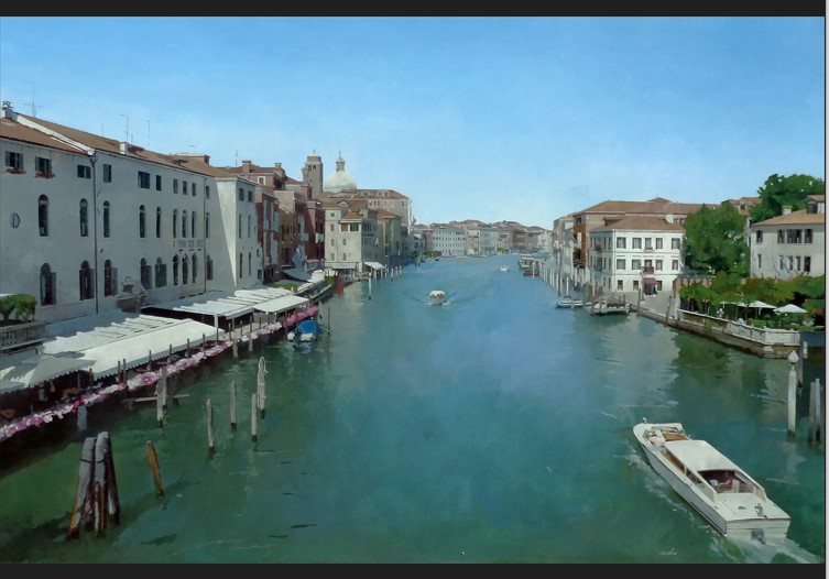 = DESDE EL GRAN CANAL, VENECIA = (130x195 cm. Mixta sobre lienzo. 2022. Serie “Italia”) del pintor cordobés Francisco Escalera 