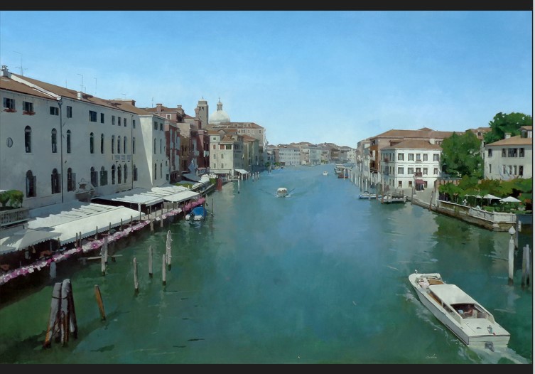 Pulsa para ampliar = DESDE EL GRAN CANAL, VENECIA = (130x195 cm. Mixta sobre lienzo. 2022. Serie “Italia”) del pintor cordobés Francisco Escalera